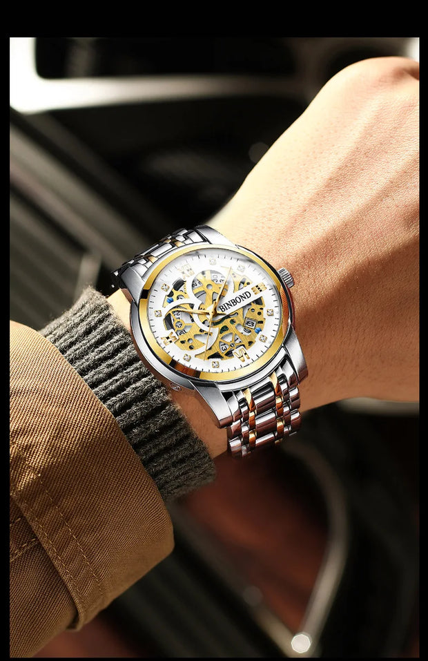 BINBOND Business New Automatic Non-Mechanical Quartz Watches 30M Waterproof Luminous Tourbillon Trendy Hollow Design Men Watches