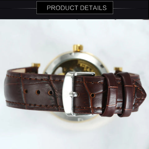 Forsining Fashion Luxury Skeleton Automatic Watch for Women Luminous Hands Elegant Gold Mechanical Ladies Watches Leather Strap