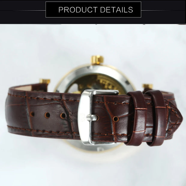 Forsining Fashion Luxury Skeleton Automatic Watch for Women Luminous Hands Elegant Gold Mechanical Ladies Watches Leather Strap