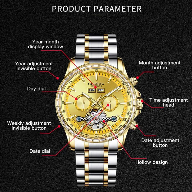 2025 Year Month Sunday Multi-functional Mechanical Watch GLENAW Watch Diamond Circle Stainless Steel Waterproof Luminous Watches