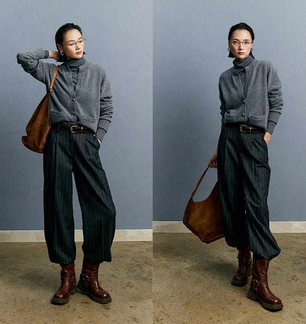Autumn/Winter Knitted Loose Cardigan Jacket Pure Wool Sweater Temperament round Neck Slim Fit Long Sleeve Top for Women