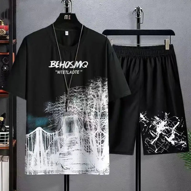 2025 Summer Fashion Men Sets Cotton Streetwear O-neck Short Sleeve T Shirt & Shorts 2PCS Loose Casual Men Suits