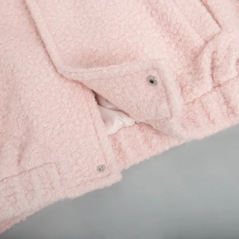 TARUXY Pink Short Fur Jacket Coat For Women Autumn Winter Casual Stand Collar Pocket Loose Fashion Long Sleeve Jacket Top Female