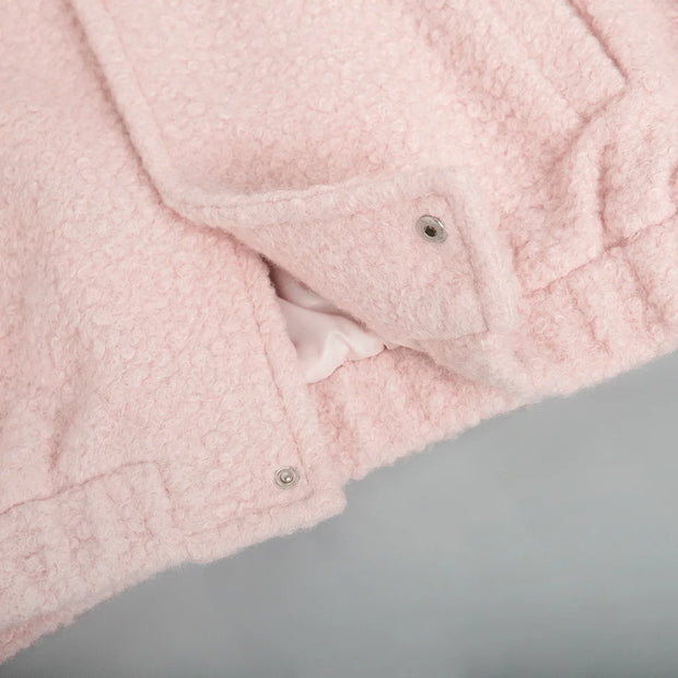 TARUXY Pink Short Fur Jacket Coat For Women Autumn Winter Casual Stand Collar Pocket Loose Fashion Long Sleeve Jacket Top Female