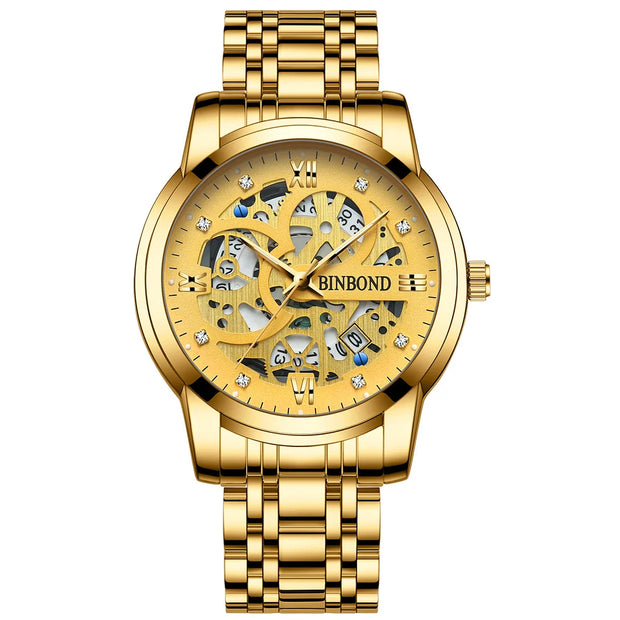BINBOND Business New Automatic Non-Mechanical Quartz Watches 30M Waterproof Luminous Tourbillon Trendy Hollow Design Men Watches