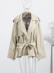 Lace Up Trench Coat With Belt Suit Collar Waist Cinched Slimming Drop Shoulder Short Windbreaker Jacket Retro Casual Outwear