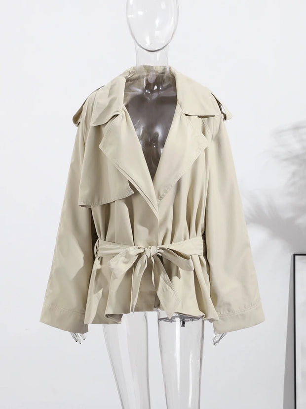 Lace Up Trench Coat With Belt Suit Collar Waist Cinched Slimming Drop Shoulder Short Windbreaker Jacket Retro Casual Outwear