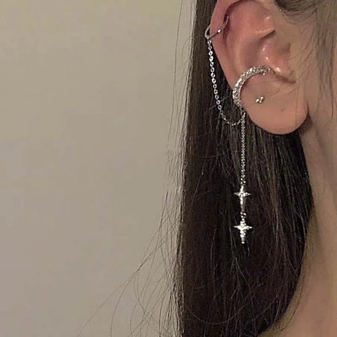 Shiny Silver Color Crystal Cross Star Tassel Ear Clip for Women Trendy Rhinestone Long Fake Cartilage Piercing Ear Cuff Jewelry