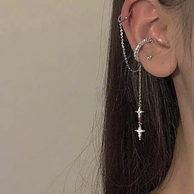 Shiny Silver Color Crystal Cross Star Tassel Ear Clip for Women Trendy Rhinestone Long Fake Cartilage Piercing Ear Cuff Jewelry