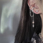 Shiny Silver Color Crystal Cross Star Tassel Ear Clip for Women Trendy Rhinestone Long Fake Cartilage Piercing Ear Cuff Jewelry