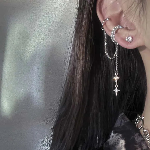 Shiny Silver Color Crystal Cross Star Tassel Ear Clip for Women Trendy Rhinestone Long Fake Cartilage Piercing Ear Cuff Jewelry