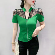 Summer European Clothes Sexy V Necks T-Shirt Women Embroidery Lace Front Zipper Slim Tops
