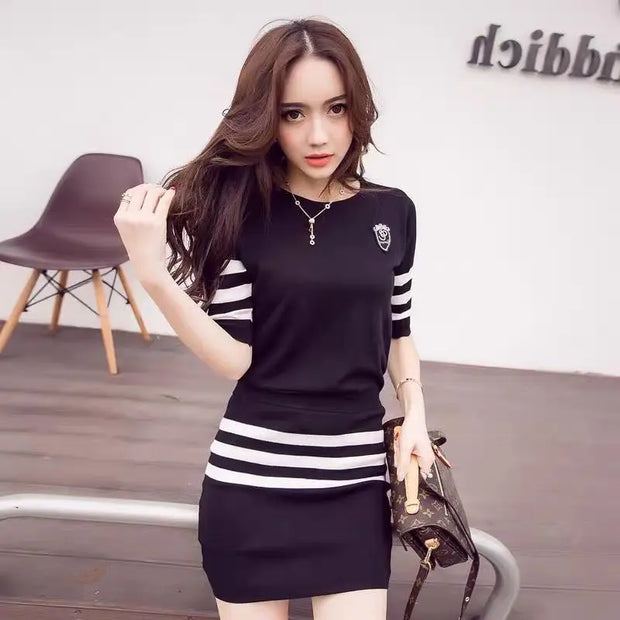 Women's Short Hip Wrap Skirt Suit 2024 Spring Summer New Fashion Stripe Knitted Crop Tops Dress Two Piece Set For Women Clothing