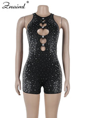 Znaiml Crystal Rhinestone Black Short Jumpsuit Club Outfits Women Sleeveless Hollow Out One Pieces Rompers Playsuits Birthday