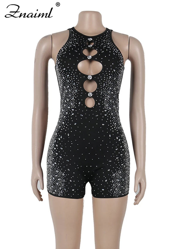 Znaiml Crystal Rhinestone Black Short Jumpsuit Club Outfits Women Sleeveless Hollow Out One Pieces Rompers Playsuits Birthday