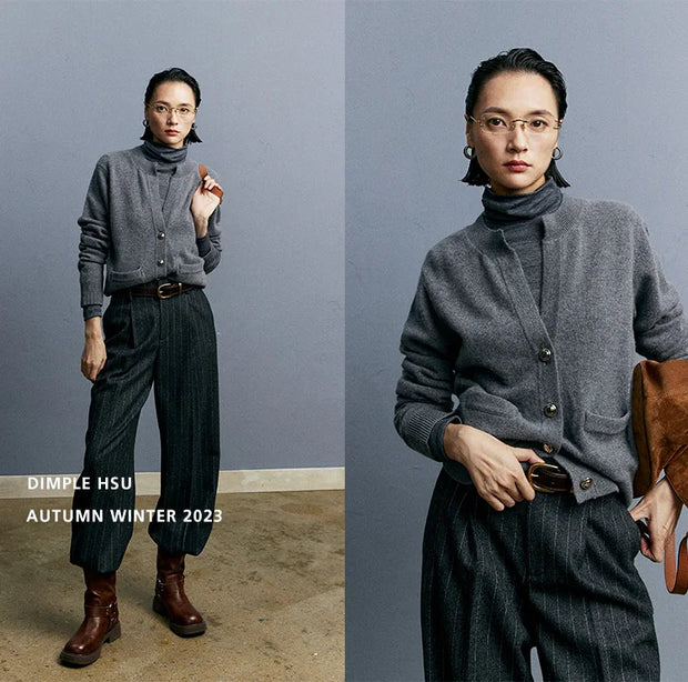 Autumn/Winter Knitted Loose Cardigan Jacket Pure Wool Sweater Temperament round Neck Slim Fit Long Sleeve Top for Women