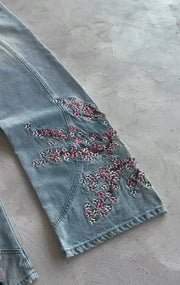 Y2k Vintage Baggy Cherry Blossom Knight Embroidery Jeans Fashion Men Women Streetwear Straight Wide Leg Patchwork Denim Pants