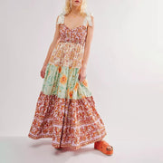 Imcute Women Summer Dresses Flowy Smocked Maxi Dress Sleeveless Tie Shoulder Boho Dresses Y2K Floral Beach Sundresses