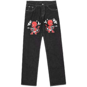 Y2k Vintage Baggy Cherry Blossom Knight Embroidery Jeans Fashion Men Women Streetwear Straight Wide Leg Patchwork Denim Pants