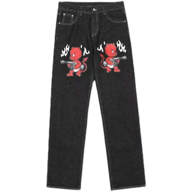 Y2k Vintage Baggy Cherry Blossom Knight Embroidery Jeans Fashion Men Women Streetwear Straight Wide Leg Patchwork Denim Pants