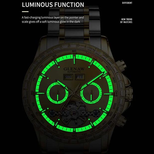 2025 Year Month Sunday Multi-functional Mechanical Watch GLENAW Watch Diamond Circle Stainless Steel Waterproof Luminous Watches
