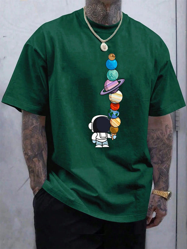 Men's Summer 100% Cotton Fashionable Casual Loose Polyester Astronaut Planet Pattern Printed Round Neck Short Sleeve T-shirt Top