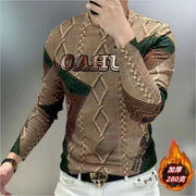 Men Clothing 2024 Autumn Winter Vintage Fashion Print Velvet Thicken Warm Basic T-shirt Male Casual O Neck Long Sleeve Slim Tops