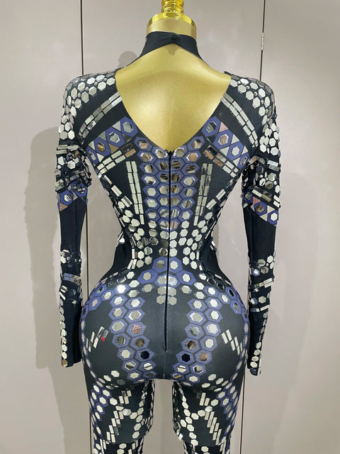 Sexy Shiny Silver Sequins Mirror Black Spandex Jumpsuit 2025 Women Prom Dancer Singer Costume Evening Birthday Show Stage Outfit
