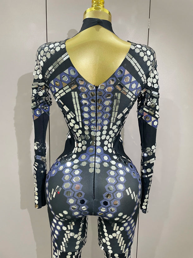 Sexy Shiny Silver Sequins Mirror Black Spandex Jumpsuit 2025 Women Prom Dancer Singer Costume Evening Birthday Show Stage Outfit