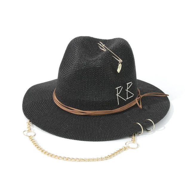 Fashionable Metal Letter Straw Hats for Women Men Summer Outdoor Holidays Beach Sun Hat Panama Hat