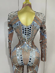 Sexy Shiny Silver Sequins Mirror Black Spandex Jumpsuit 2025 Women Prom Dancer Singer Costume Evening Birthday Show Stage Outfit