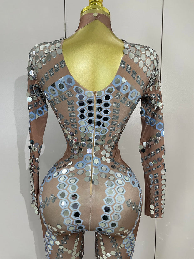 Sexy Shiny Silver Sequins Mirror Black Spandex Jumpsuit 2025 Women Prom Dancer Singer Costume Evening Birthday Show Stage Outfit