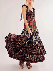 Imcute Women Summer Dresses Flowy Smocked Maxi Dress Sleeveless Tie Shoulder Boho Dresses Y2K Floral Beach Sundresses