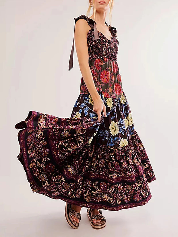 Imcute Women Summer Dresses Flowy Smocked Maxi Dress Sleeveless Tie Shoulder Boho Dresses Y2K Floral Beach Sundresses