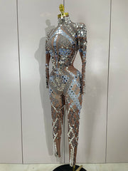 Sexy Shiny Silver Sequins Mirror Black Spandex Jumpsuit 2025 Women Prom Dancer Singer Costume Evening Birthday Show Stage Outfit