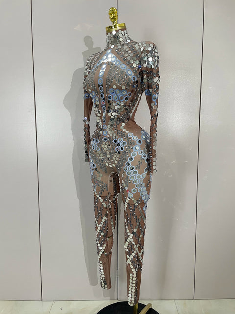 Sexy Shiny Silver Sequins Mirror Black Spandex Jumpsuit 2025 Women Prom Dancer Singer Costume Evening Birthday Show Stage Outfit