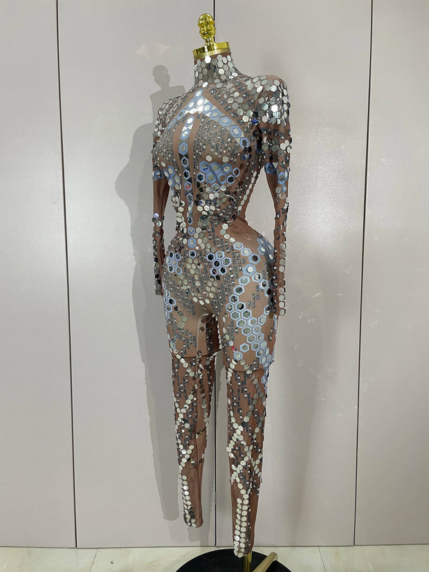 Sexy Shiny Silver Sequins Mirror Black Spandex Jumpsuit 2025 Women Prom Dancer Singer Costume Evening Birthday Show Stage Outfit