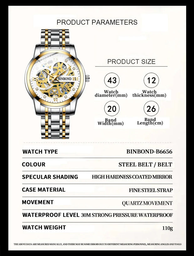 BINBOND Business New Automatic Non-Mechanical Quartz Watches 30M Waterproof Luminous Tourbillon Trendy Hollow Design Men Watches