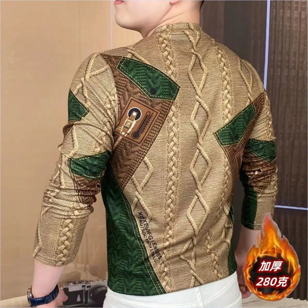 Men Clothing 2024 Autumn Winter Vintage Fashion Print Velvet Thicken Warm Basic T-shirt Male Casual O Neck Long Sleeve Slim Tops