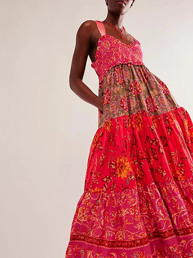 Imcute Women Summer Dresses Flowy Smocked Maxi Dress Sleeveless Tie Shoulder Boho Dresses Y2K Floral Beach Sundresses