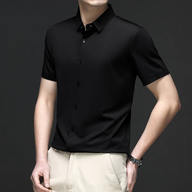 New Men's Business Casual Solid Color Short Sleeved Shirt for Summer Fashion No Ironing Comfortable and Versatile Top