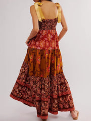 Imcute Women Summer Dresses Flowy Smocked Maxi Dress Sleeveless Tie Shoulder Boho Dresses Y2K Floral Beach Sundresses