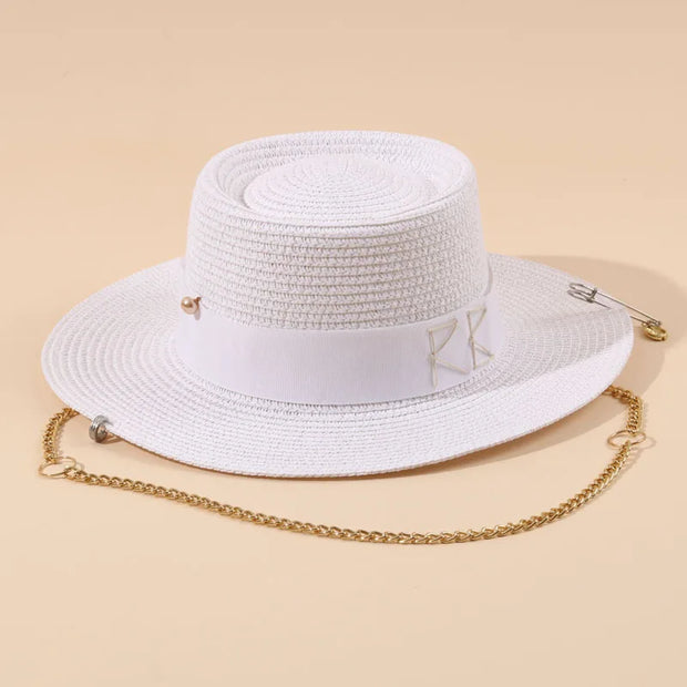 Fashionable Metal Letter Straw Hats for Women Men Summer Outdoor Holidays Beach Sun Hat Panama Hat