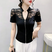 Summer European Clothes Sexy V Necks T-Shirt Women Embroidery Lace Front Zipper Slim Tops