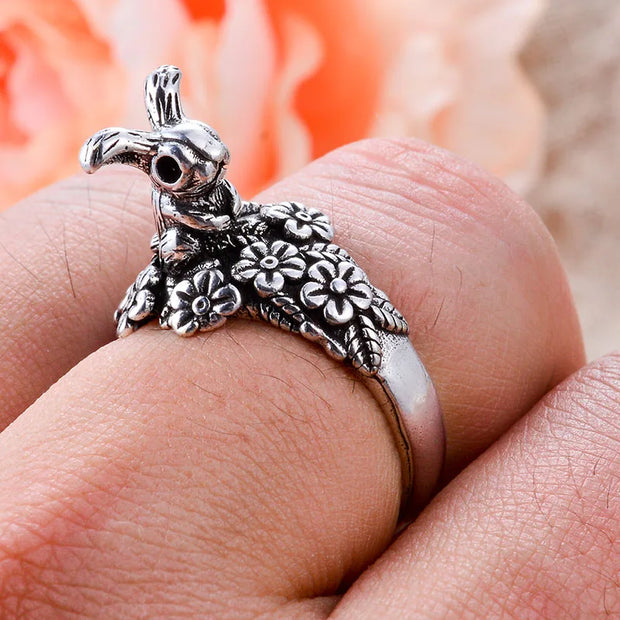 New Style Sweet Rabbit & Flower Retro Thai Silver Ladies Party Rings Wholesale Price For Women Birthday Gifts Never Fade
