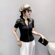 Summer European Clothes Sexy V Necks T-Shirt Women Embroidery Lace Front Zipper Slim Tops