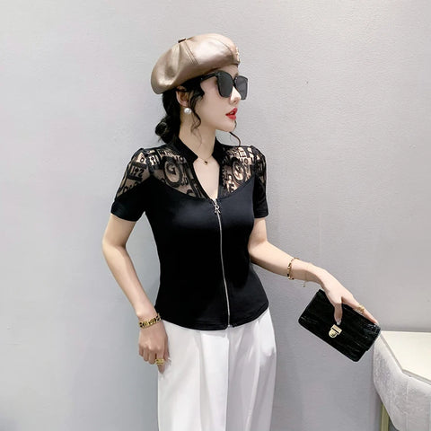 Summer European Clothes Sexy V Necks T-Shirt Women Embroidery Lace Front Zipper Slim Tops