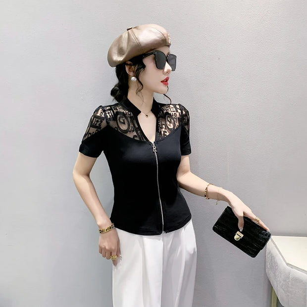 Summer European Clothes Sexy V Necks T-Shirt Women Embroidery Lace Front Zipper Slim Tops