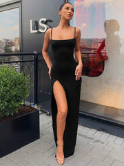 Summer Elegant Summer Women Spaghetti Strap Sleeveless Sexy Backless Split  Bodycon Solid Party Evening Maxi Dresses