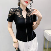 Summer European Clothes Sexy V Necks T-Shirt Women Embroidery Lace Front Zipper Slim Tops